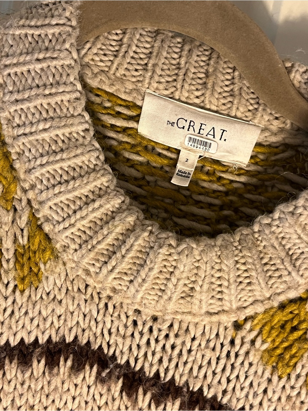 Women "The Great" tan mustard yellow, brown folk pullover knit sweater. Size 2 - Picture 7 of 8